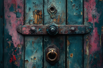 A weathered wooden door with peeling paint, showcasing a rusty lock and a decorative knocker, exuding a sense of age and character.