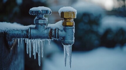 Frozen water pipes covered in icicles during winter, outdoor faucet, cold temperature, icy weather, freezing, frozen plumbing, snow, ice, winter conditions, water supply issue