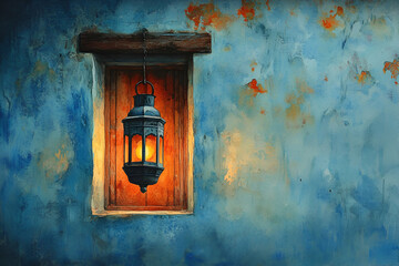 A warm lantern hangs against a textured blue wall, casting a gentle glow and creating an inviting atmosphere.