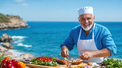 A joyful chef slices freshly caught seafood surrounded by vibrant vegetables at a seaside location on a clear sunny day, enjoying the beautiful view