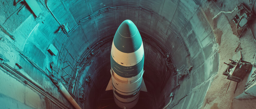 Large ICBM rocket in underground missile silo, view from above. Generative AI