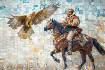 Fototapeta premium Traditional Kazakh eagle hunting scene: a hunter on horseback with a golden eagle on his arm against a steppe backdrop