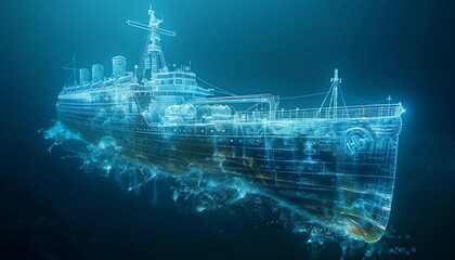 Titanic visualization with augmented reality Transparent funicular in studio drawing in blue colors, Titanic visualization, augmented reality, 