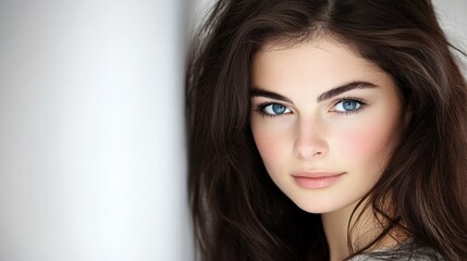Fototapeta premium The young woman gazes gently, showcasing her mesmerizing blue eyes and smooth skin, with soft lighting enhancing her features in a serene setting