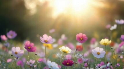 Fototapeta premium Colorful wildflowers bloom in a sunlit meadow during springtime morning hours