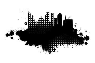 Black and white graphic drawing city and blots. hand drawing. Not AI. Vector illustration