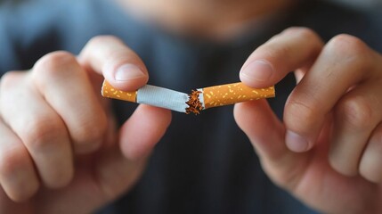 Breaking cigarette in half with hands, quitting smoking, close-up, tobacco control, personal health, anti-smoking message, determination, ending addiction, health awareness, no smoking