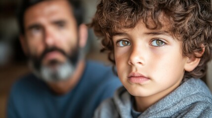 Obraz premium In a warm, inviting space, a young boy gazes contemplatively, his curly hair framing his face, while a man with a beard observes him from behind, sharing a quiet moment together