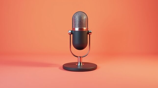 A classic retro microphone stands on a sleek base with an orange-pink gradient background, exuding a sense of vintage charm and sophistication.