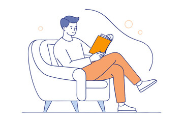  line drawing of man in comfortable armchair reading a book,
