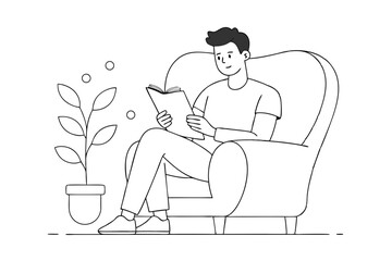  line drawing of man in comfortable armchair reading a book,