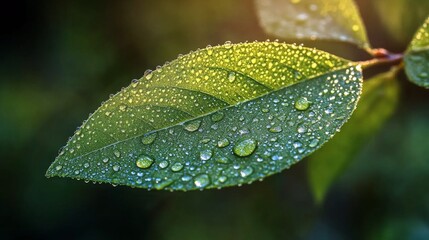 Close up of vibrant green leaf covered in water droplets in a natural setting during daytime