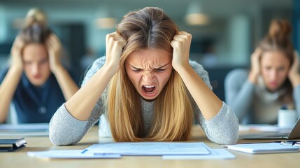 A woman displaying visible signs of frustration clenches her hair and screams, surrounded by two others who are intently working at a cluttered workspace