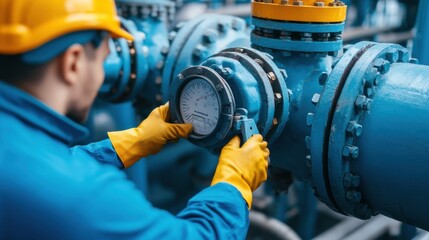 The technician, wearing a hard hat and protective gloves, inspects the pressure gauge mounted on robust blue pipes in a busy manufacturing facility, ensuring equipment safety