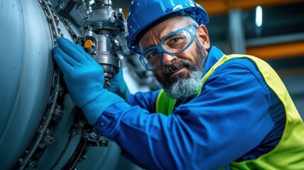 A dedicated technician inspects large industrial machinery, ensuring proper operation and maintenance in a well-lit manufacturing facility