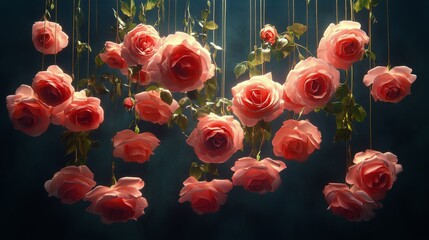 Hanging pink roses adorned with green leaves in a tranquil setting during evening light
