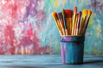 Group of vibrant paintbrushes in a colorful pot on a textured artistic background