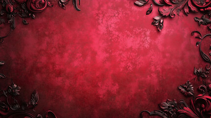 Ornate dark floral frame on textured red background with copy space
