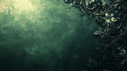 Dark green vintage floral background with ornate corner design and copy space
