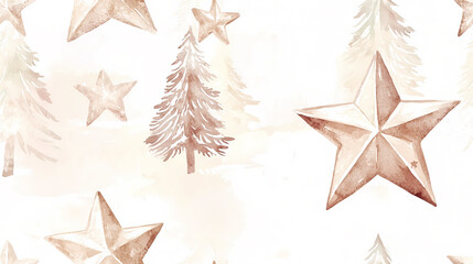 Watercolor painting of brown stars and trees on a white background
