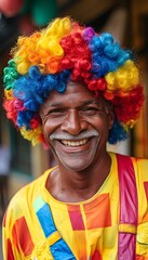 A man with a colorful wig on his head smiling