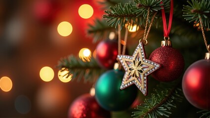 Colorful Christmas baubles nestled in fir branches with twinkling lights, festive and warm holiday decoration. Generative, AI,

