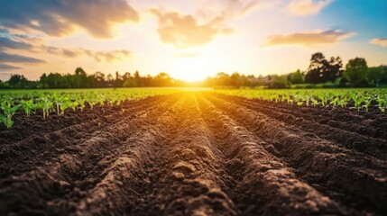 A view of a field of young plants growing in rows with the sun setting in the background.