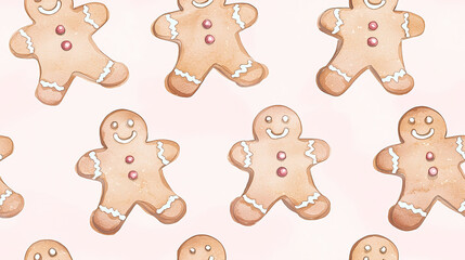 Watercolor gingerbread men cookies on a pink background