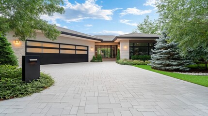 Elegant modern house with a spacious yard and inviting entrance in a serene suburban neighborhood