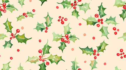 Watercolor seamless pattern of green holly sprigs with red berries on a beige background