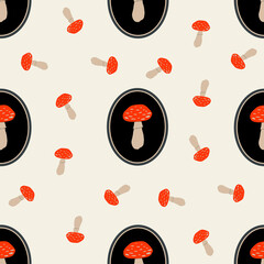 Fly agaric seamless pattern. Halloween mushrooms repeat background. Mystic autumn festive  endless surface print. Perfect for packaging, wallpaper, fabric, wrapping, stationery, scrapbooking projects.