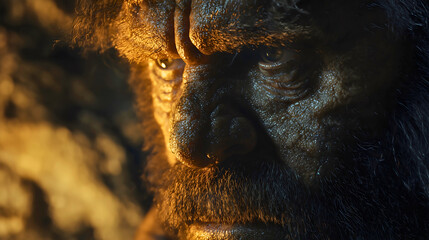 Obraz premium Neanderthal of large build with a robust appearance and recognizable large nose, a Neandertal who lived many years ago.