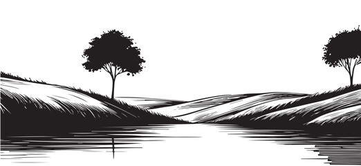 Hand-drawn simple vector drawing in black outline. Fields and tree