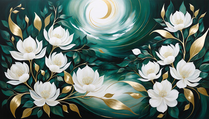 White flowers with golden accents on a green background