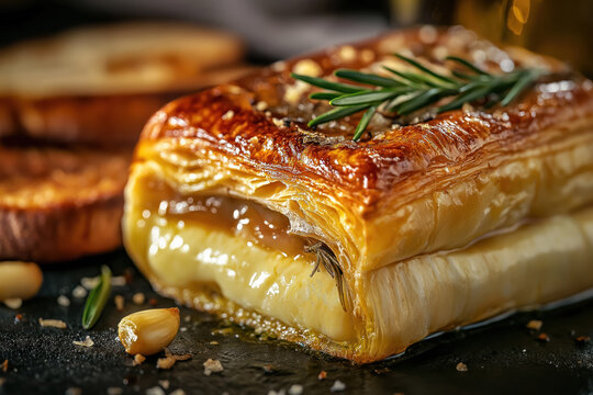 golden flaky puff pastry with molten camembert cheese garnished with rosemary and spices perfect for upscale restaurant menus and cooking shows