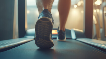 Naklejka premium Stopy mężczyzny biegającego na bieżni w siłowni są ukazane w zbliżeniu, pokazując każdy dynamiczny ruch. 