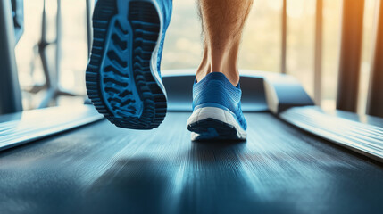 Naklejka premium Stopy mężczyzny biegającego na bieżni w siłowni są ukazane w zbliżeniu, pokazując każdy dynamiczny ruch. 
