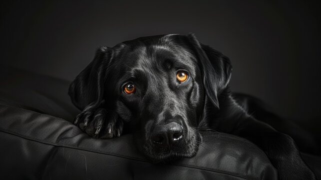 Cute Dog tired black Labrador dog with friendly amber eyes, laying on a sofa, dark background. lying on a couch, staring calmly with beautiful eyes