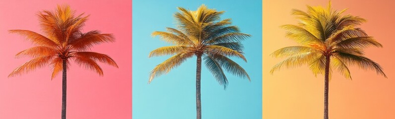 Three palm trees against a colorful background with a sky background, travel