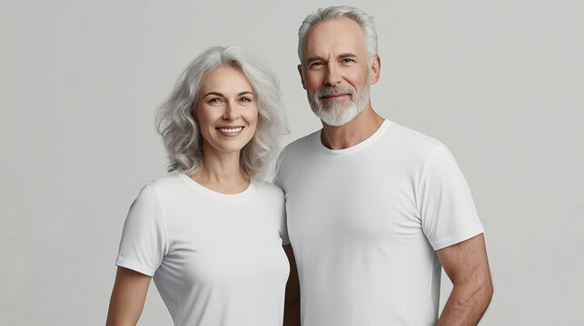 Starsza para, mężczyzna i kobieta, stoi obok siebie, ubrani w dopasowane białe koszulki, kt&oacute;re podkreślają ich bliską więź.