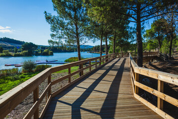 The image captures a serene boardwalk winding along a lakeside, surrounded by lush greenery and pine trees casting long shadows over the wooden pathway