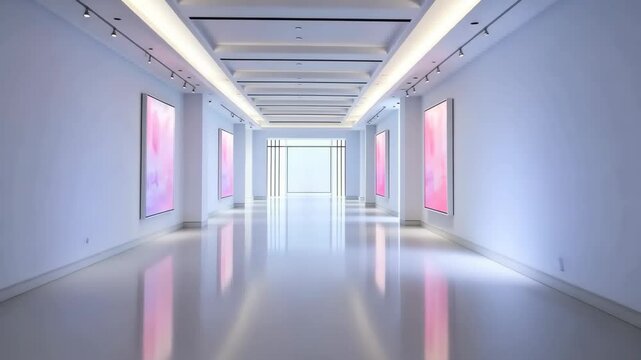 Modern Art Gallery Interior With Pink Abstract Paintings, Minimalist Design, Bright Lighting, Contemporary Art Installation, Spacious Display Room