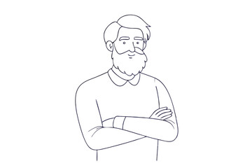 Artistic Line Illustration of an Older Bearded Hipster Guy with Arms Crossed