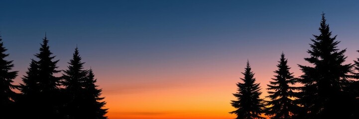 Sparse black outlines of various Christmas tree shapes against a gradient sunset sky, peaceful, seasonal