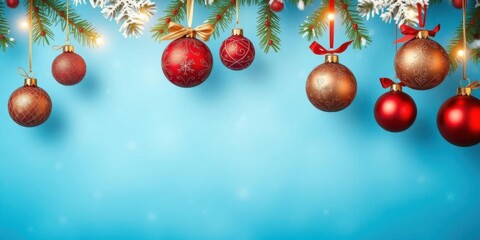 Various Christmas greeting ornaments such as bells, snowflakes, and stockings hanging against a vibrant blue background, winter, festive