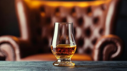 Moody, upscale bar with an untouched glass of neat whiskey, subtle spotlight on the glass, luxurious leather chair in background, whiskey glass, scotch, exclusive ambiance