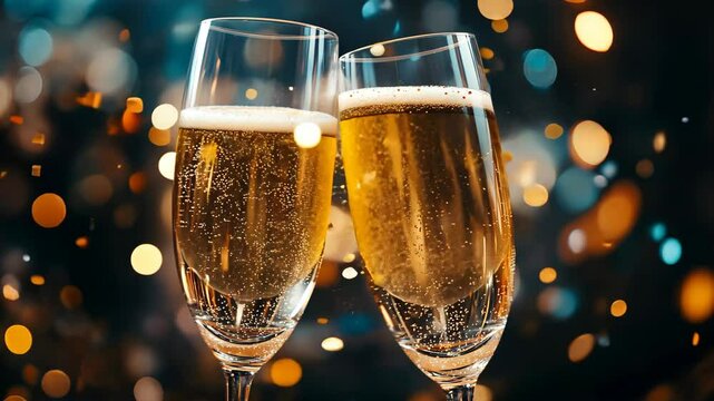 New Year&acirc;&euro;&trade;s Eve toast with sparkling wine, as glasses clink together and confetti falls from above, celebrating the start of the new year. . Video