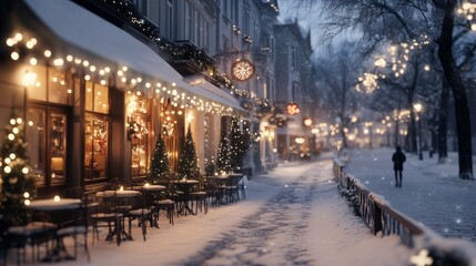 Charming winter street with festive decorations and cozy cafe seating in a snowy setting