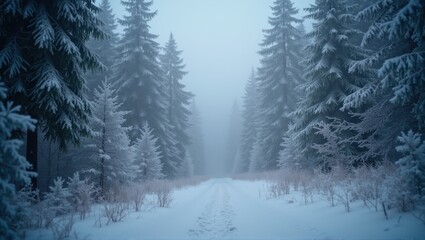 Fototapeta premium Misty winter landscape with snow-covered trees and a path leading into the distance. Serene, cold, and tranquil scene. Generative, AI,