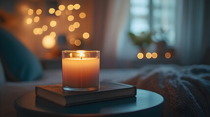 Cozy bedroom decor featuring a scented candle and books on a bedside table against a blurred background. high quality